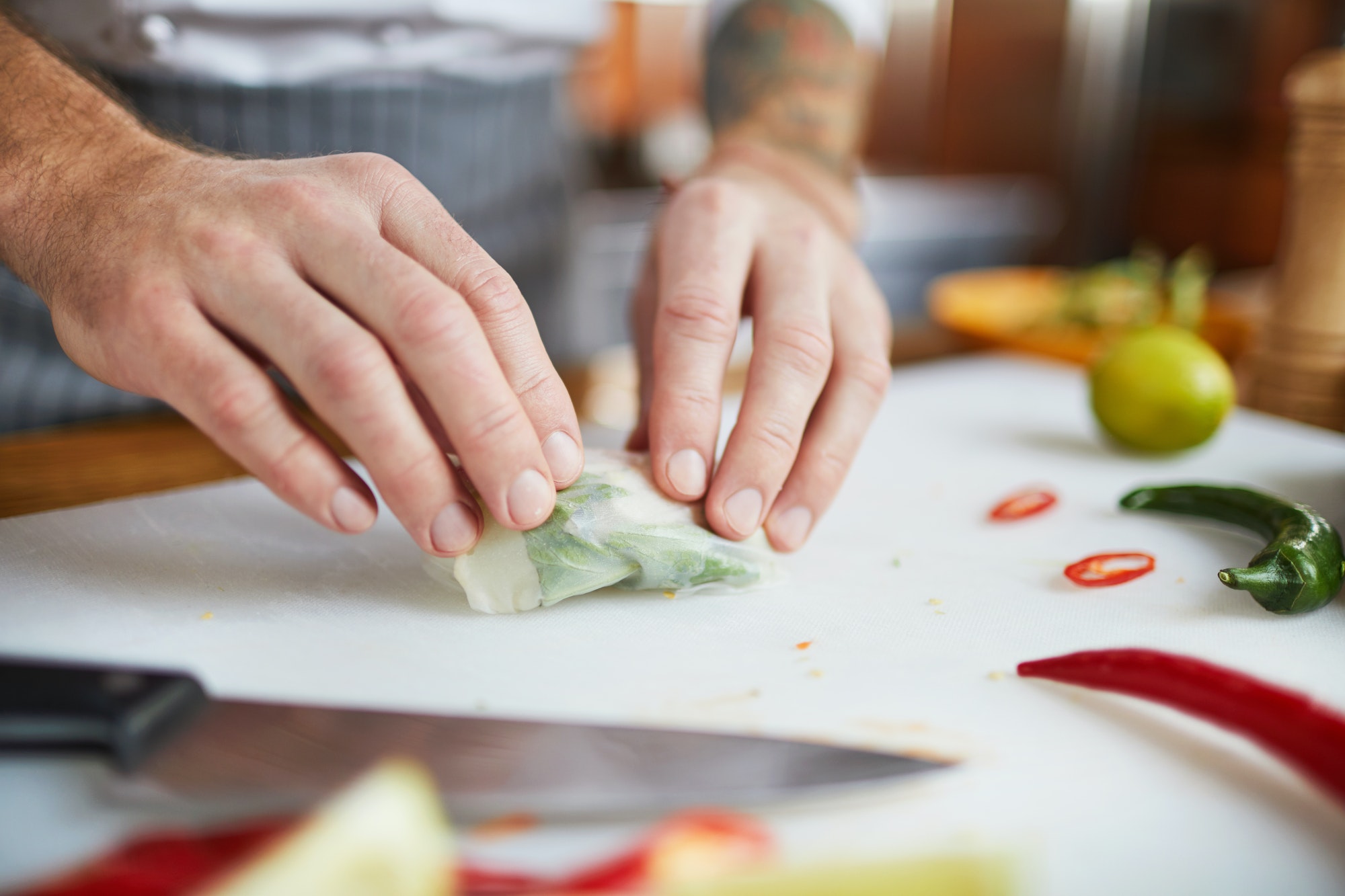 Chef Making Vegetable Rolls