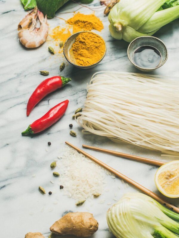 Asian cuisine ingredients over grey marble background